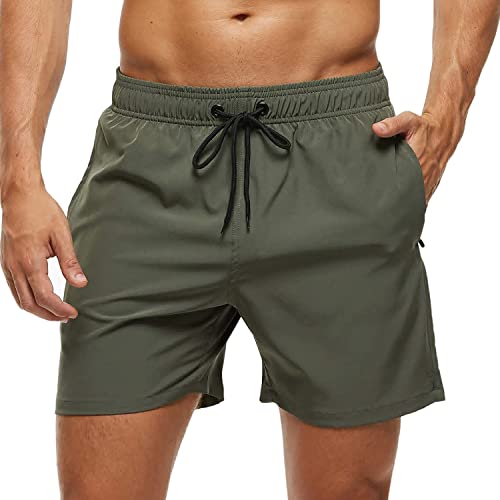 Arcweg Badehose für Herren mit Reißverschlusstasche Atmungsaktiv Wasserabweisend Badeshorts Männer Trainingsshorts Elastisch Verstellbar Mit Tunnelzug Meshfutter Grün M(EU)